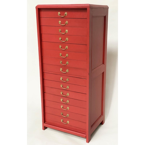 134 - BANK OF DRAWERS, early 20th century cardinal red painted with fifteen drawers and brass handles, 134... 