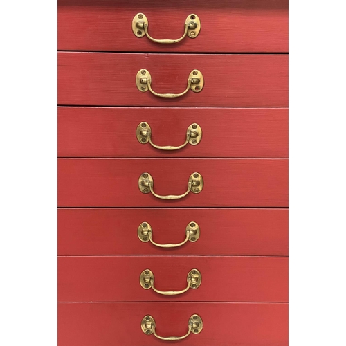 134 - BANK OF DRAWERS, early 20th century cardinal red painted with fifteen drawers and brass handles, 134... 