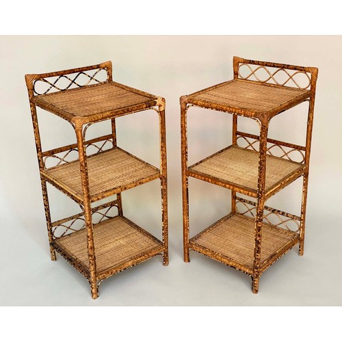 133 - BAMBOO LAMP TABLES, a pair, 1970's bamboo framed and cane panelled with three tiers and upstand, 80c... 