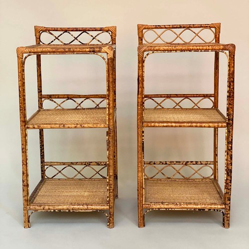 133 - BAMBOO LAMP TABLES, a pair, 1970's bamboo framed and cane panelled with three tiers and upstand, 80c... 