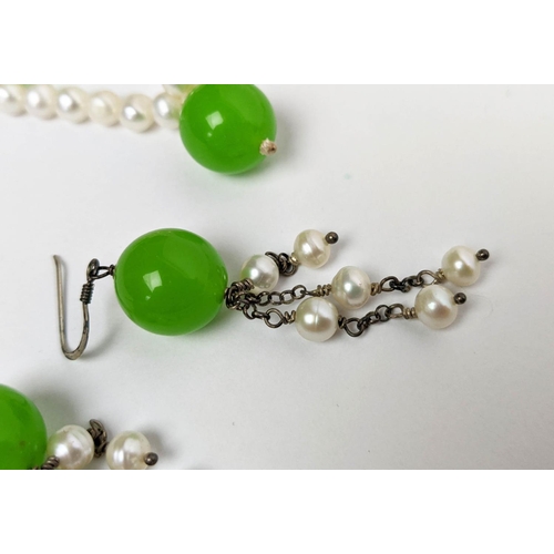 26 - TWO FRESHWATER PEARL AND DYED SIMULATED JADE NECKLACE, BRACELET AND EARRING SETS, the green jade set... 