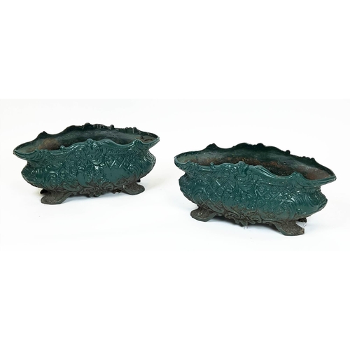 139 - PLANTERS, a pair, 19th century French green painted cast iron, 26cm x 57cm. (2)