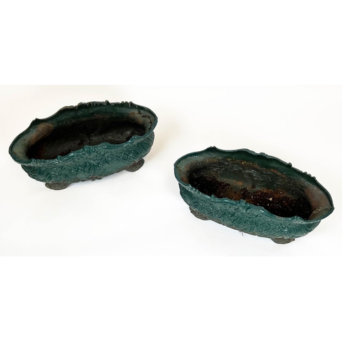 139 - PLANTERS, a pair, 19th century French green painted cast iron, 26cm x 57cm. (2)