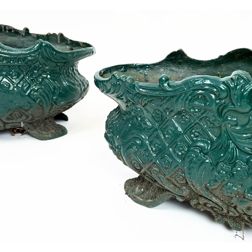 139 - PLANTERS, a pair, 19th century French green painted cast iron, 26cm x 57cm. (2)