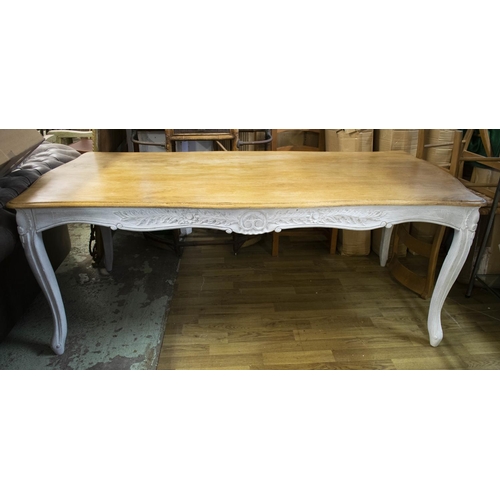 141 - FARMHOUSE TABLE, 76cm H x 194cmx  94cm, Louis XV style white painted with walnut top.