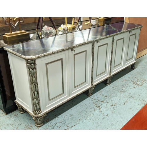 472 - SIDEBOARD, 1970s Venetian style, 236cm x 48cm x 86cm, faux marble top, palm fond detail, central com... 