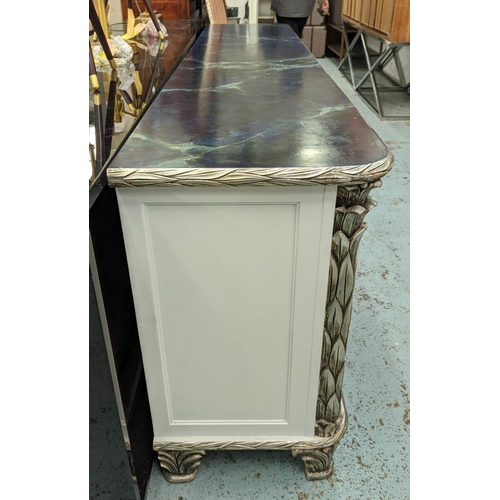 472 - SIDEBOARD, 1970s Venetian style, 236cm x 48cm x 86cm, faux marble top, palm fond detail, central com... 