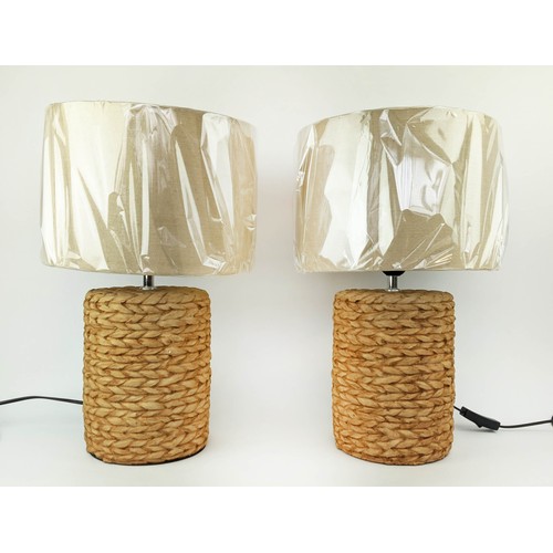 475 - TABLE LAMPS, a pair, 47cm H, ceramic, faux seagrass design, with shades. (2)