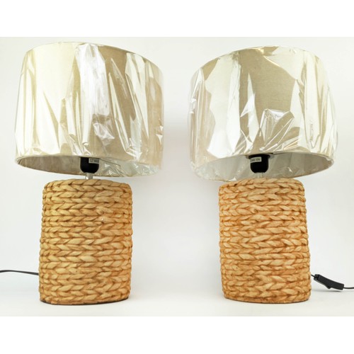 475 - TABLE LAMPS, a pair, 47cm H, ceramic, faux seagrass design, with shades. (2)