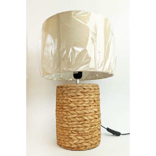 475 - TABLE LAMPS, a pair, 47cm H, ceramic, faux seagrass design, with shades. (2)