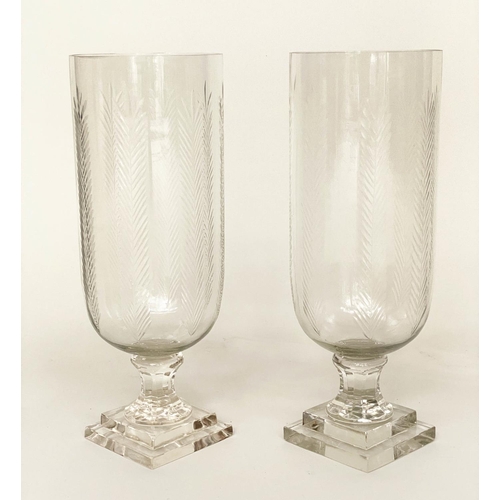 201 - STORM LANTERNS, a pair, engraved cut glass each with facetted stepped base, 40cm H. (2)