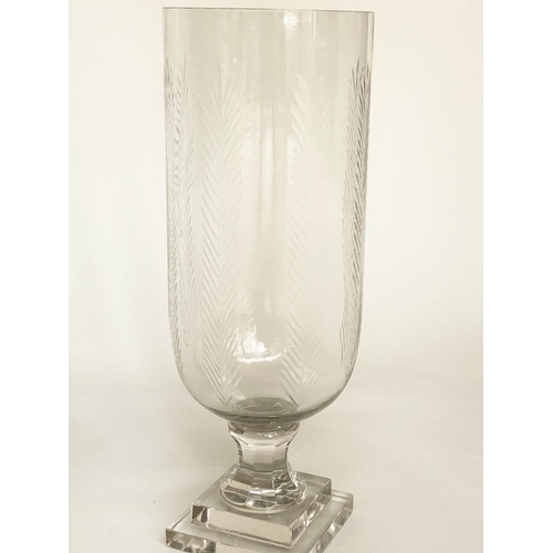 201 - STORM LANTERNS, a pair, engraved cut glass each with facetted stepped base, 40cm H. (2)