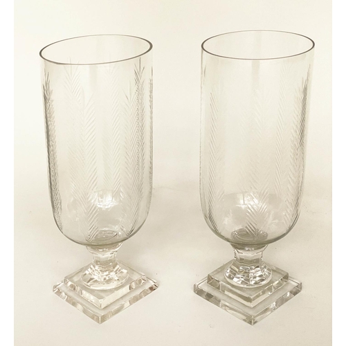 201 - STORM LANTERNS, a pair, engraved cut glass each with facetted stepped base, 40cm H. (2)