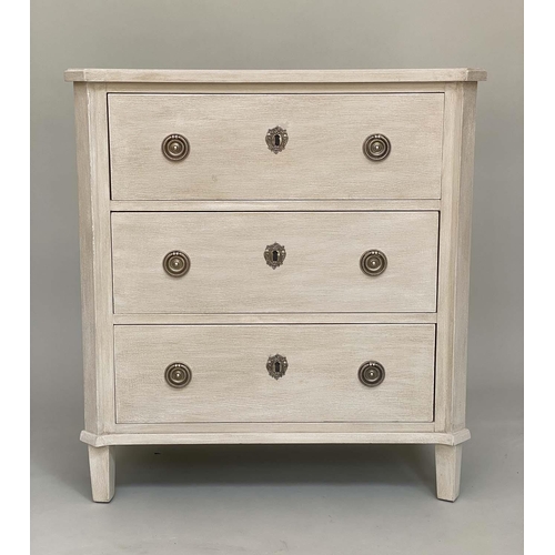 196 - COMMODE, French Directoire style, grey painted with three long drawers with fluted angles and suppor... 