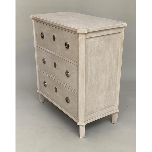 196 - COMMODE, French Directoire style, grey painted with three long drawers with fluted angles and suppor... 