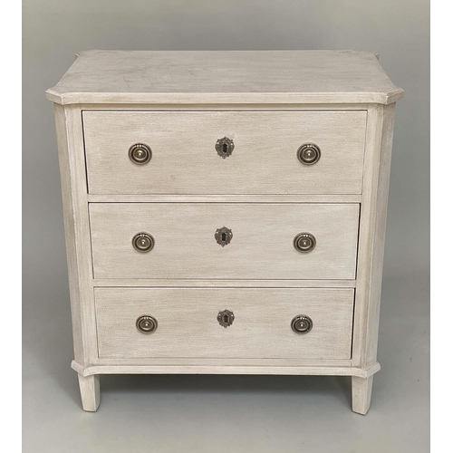 196 - COMMODE, French Directoire style, grey painted with three long drawers with fluted angles and suppor... 