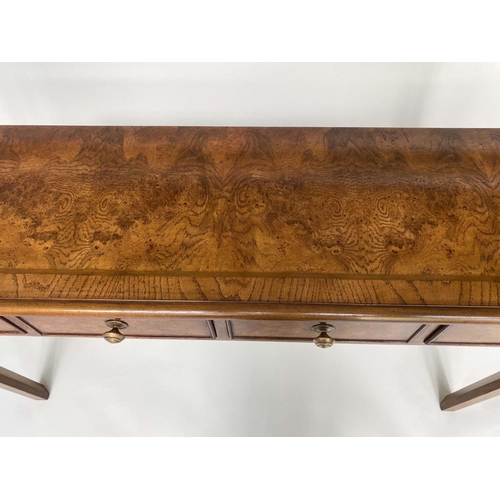 198 - HALL TABLE, George III design burr walnut and crossbanded with four short drawers, 126cm x 76cm H x ... 