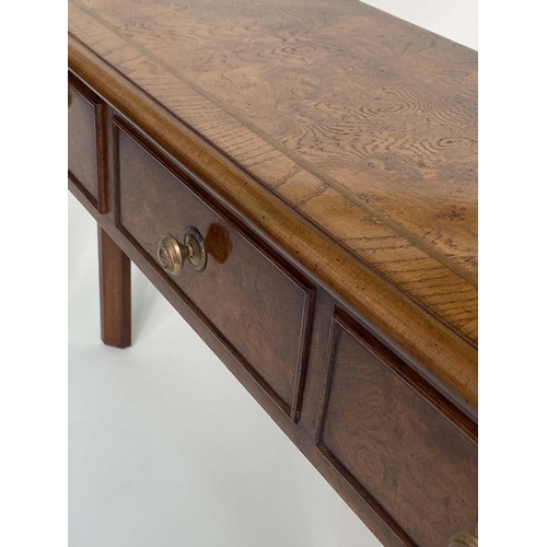 198 - HALL TABLE, George III design burr walnut and crossbanded with four short drawers, 126cm x 76cm H x ... 