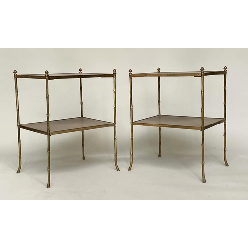 199 - FAUX BAMBOO ETAGERES, early 20th century Regency style, gilt metal framed each with two leather tier... 