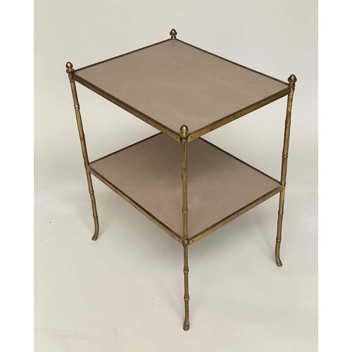 199 - FAUX BAMBOO ETAGERES, early 20th century Regency style, gilt metal framed each with two leather tier... 