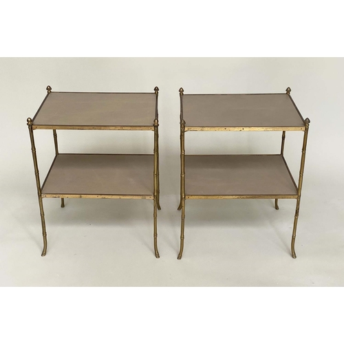 199 - FAUX BAMBOO ETAGERES, early 20th century Regency style, gilt metal framed each with two leather tier... 