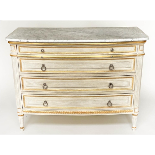 191 - COMMODE, French Louis XVI style grey painted and parcel gilt with four long drawers and slide and fl... 