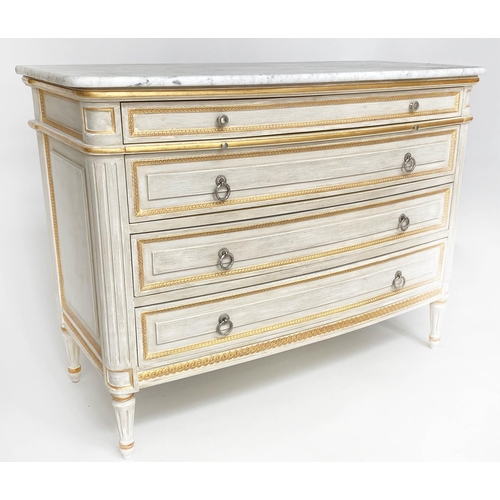 191 - COMMODE, French Louis XVI style grey painted and parcel gilt with four long drawers and slide and fl... 