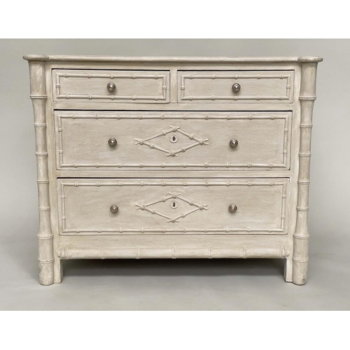 192 - FAUX BAMBOO CHEST, 19th century English grey painted and carved faux bamboo with two short and three... 