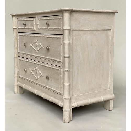 192 - FAUX BAMBOO CHEST, 19th century English grey painted and carved faux bamboo with two short and three... 