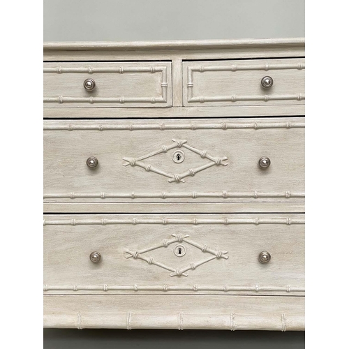 192 - FAUX BAMBOO CHEST, 19th century English grey painted and carved faux bamboo with two short and three... 