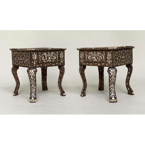 194 - LOW TABLES, a pair, early 20th century Moorish hardwood and mother of pearl inlaid each square with ... 