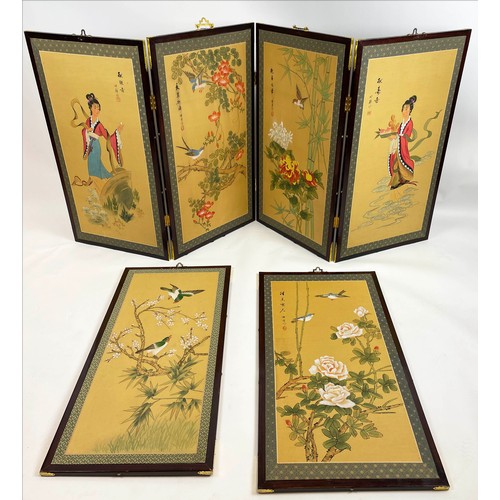 37 - FOUR FOLD CHINESE SCREEN, handpainted on silk with figures bamboo and birds with two matching panels... 