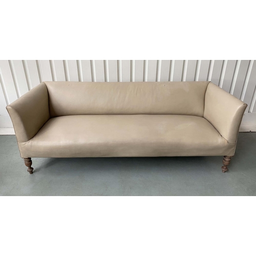 184 - SOFA, beige leather and studded linen hessian with turned front supports and outswept arms, 200cm W ... 