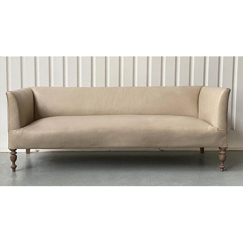 184 - SOFA, beige leather and studded linen hessian with turned front supports and outswept arms, 200cm W ... 