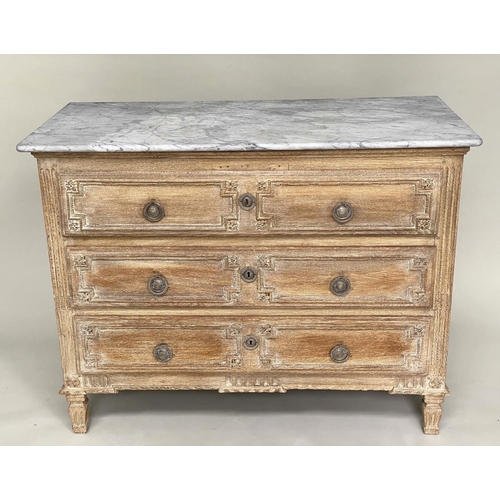 180 - COMMODE, early 19th century French bleached carved oak and silvered metal mounted with three long dr... 