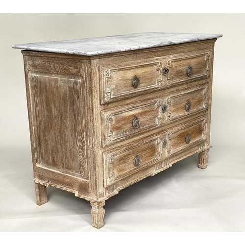 180 - COMMODE, early 19th century French bleached carved oak and silvered metal mounted with three long dr... 