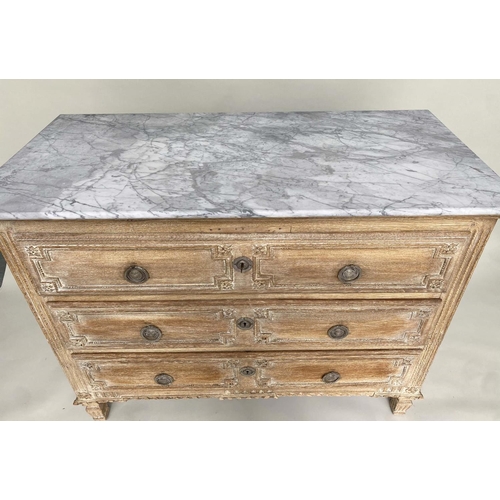 180 - COMMODE, early 19th century French bleached carved oak and silvered metal mounted with three long dr... 