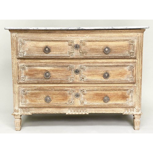 180 - COMMODE, early 19th century French bleached carved oak and silvered metal mounted with three long dr... 