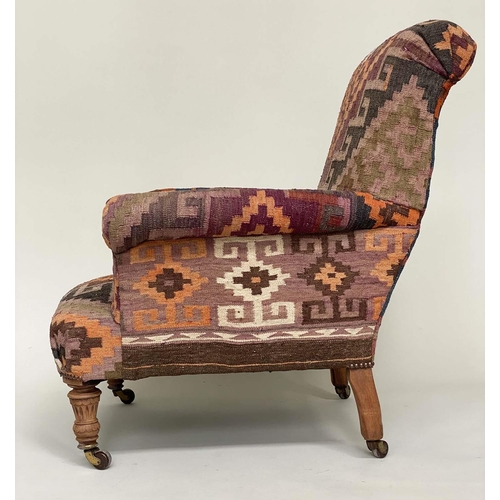 181 - KELIM ARMCHAIR, Victorian walnut and Kelim upholstered with scroll arms and turned supports, 86cm W ... 