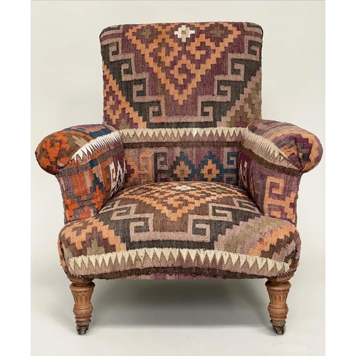 181 - KELIM ARMCHAIR, Victorian walnut and Kelim upholstered with scroll arms and turned supports, 86cm W ... 