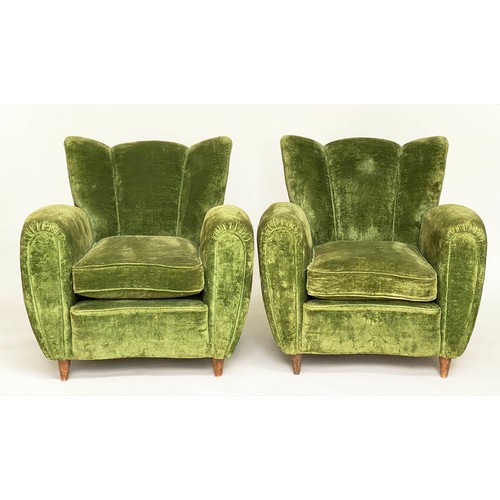 182 - WING ARMCHAIRS, a pair, green velvet upholstered with 'cloud' backs, rounded arms and tapering walnu... 