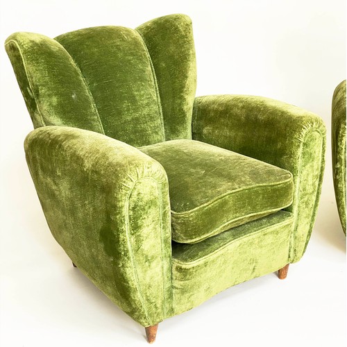 182 - WING ARMCHAIRS, a pair, green velvet upholstered with 'cloud' backs, rounded arms and tapering walnu... 