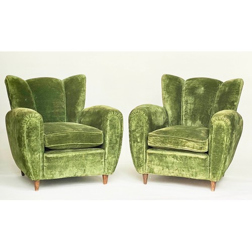 182 - WING ARMCHAIRS, a pair, green velvet upholstered with 'cloud' backs, rounded arms and tapering walnu... 