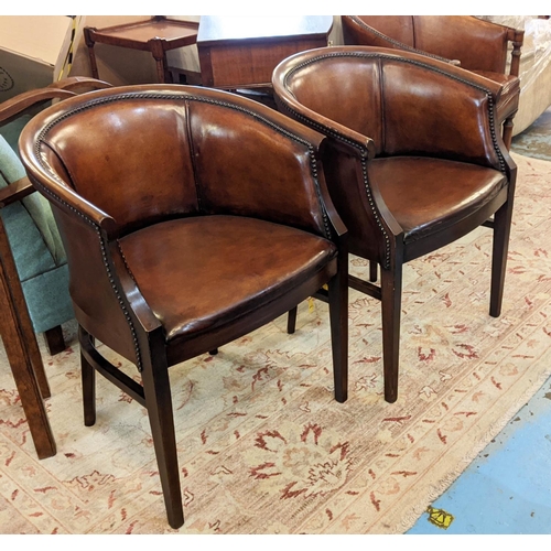 174 - LEATHER TUB CHAIRS, a pair, each 60cm, wooden frames. (2)