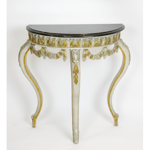 206 - DEMI LUNE CONSOLE TABLE, 74cm H x 75cm W x 37cm D, Louis XV style painted and gilt heightened with m... 