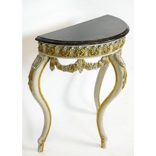 206 - DEMI LUNE CONSOLE TABLE, 74cm H x 75cm W x 37cm D, Louis XV style painted and gilt heightened with m... 