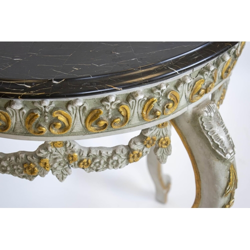 206 - DEMI LUNE CONSOLE TABLE, 74cm H x 75cm W x 37cm D, Louis XV style painted and gilt heightened with m... 