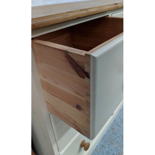 379 - BANK OF DRAWERS, 45cm D x 87cm x 122cm W, pine top, white painted.