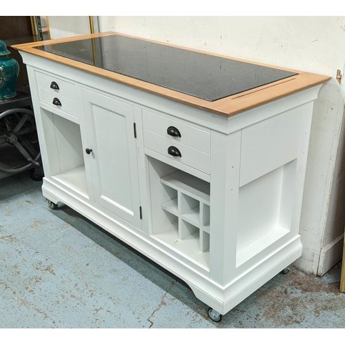 387 - KITCHEN ISLAND, 148cm x 62cm x 98cm H, on castors, granite top, white painted.