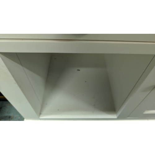 387 - KITCHEN ISLAND, 148cm x 62cm x 98cm H, on castors, granite top, white painted.